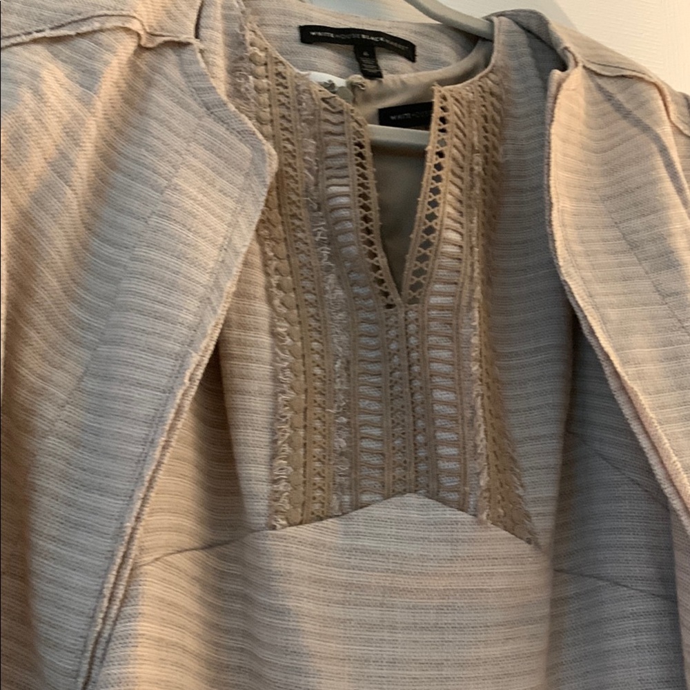 White House Black Market Textured Beige two piece sleeveless dress & jacket.